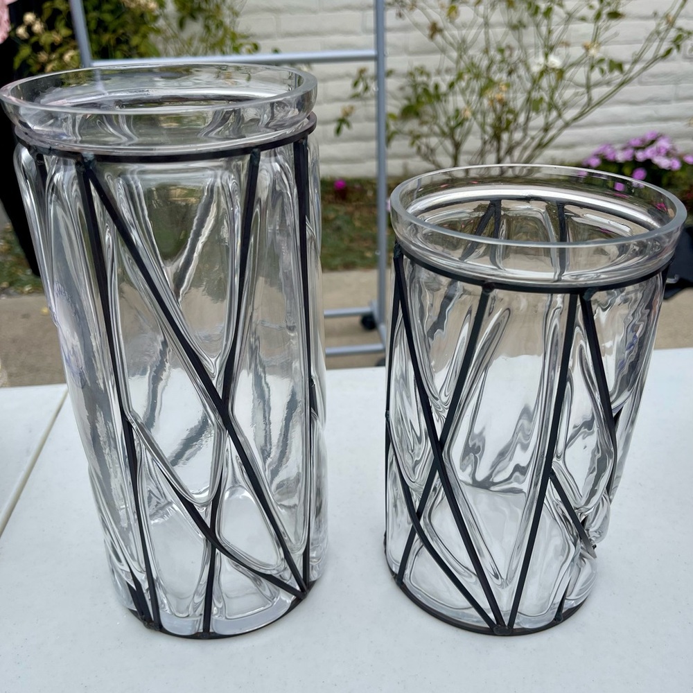 Set of Iron and Glass Candle Hurricanes or Vase